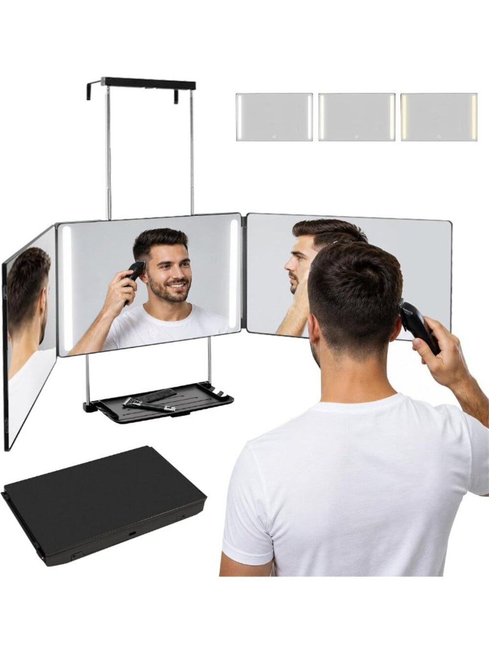3-Way LED Lighted Mirror with Shelf for Easy Self Hair Cutting - Rechargeable